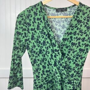 HAIL3Y:23 Dress Green Floral Skater Glam Faux Wrap 3/4 Sleeve V-Neck Stretch S